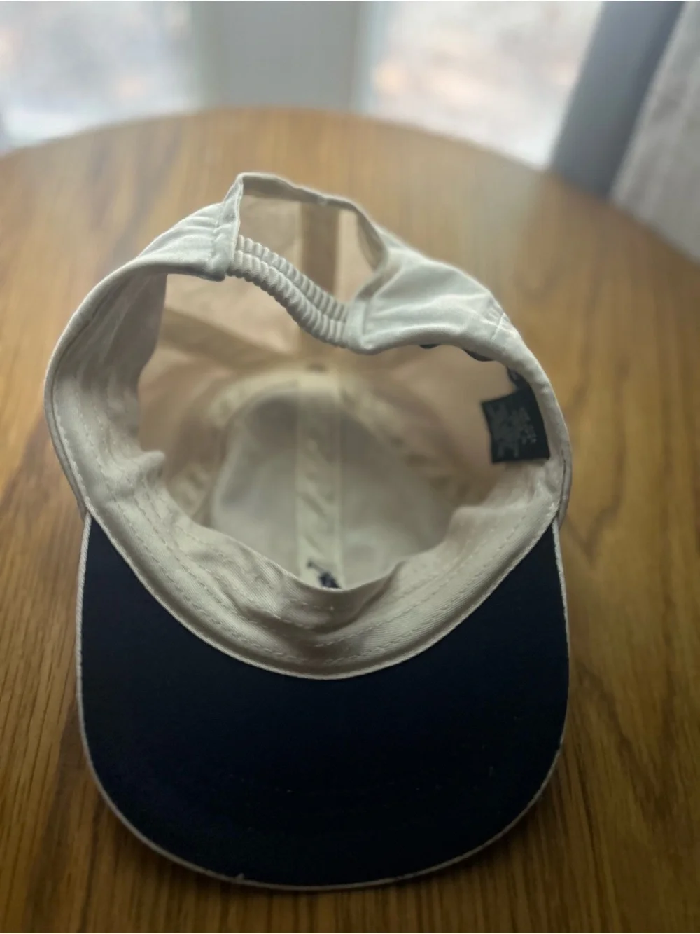 Vintage Polo Ralph Lauren Infant White Cream Hat Cap Navy Pony Elastic Strap